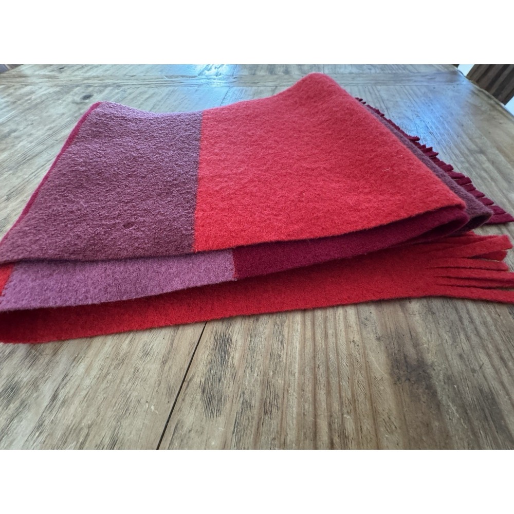 Vintage Lucy Barlow Wool Scarf Made in England Red Burgundy Colorblock Fringe - Picture 11 of 14